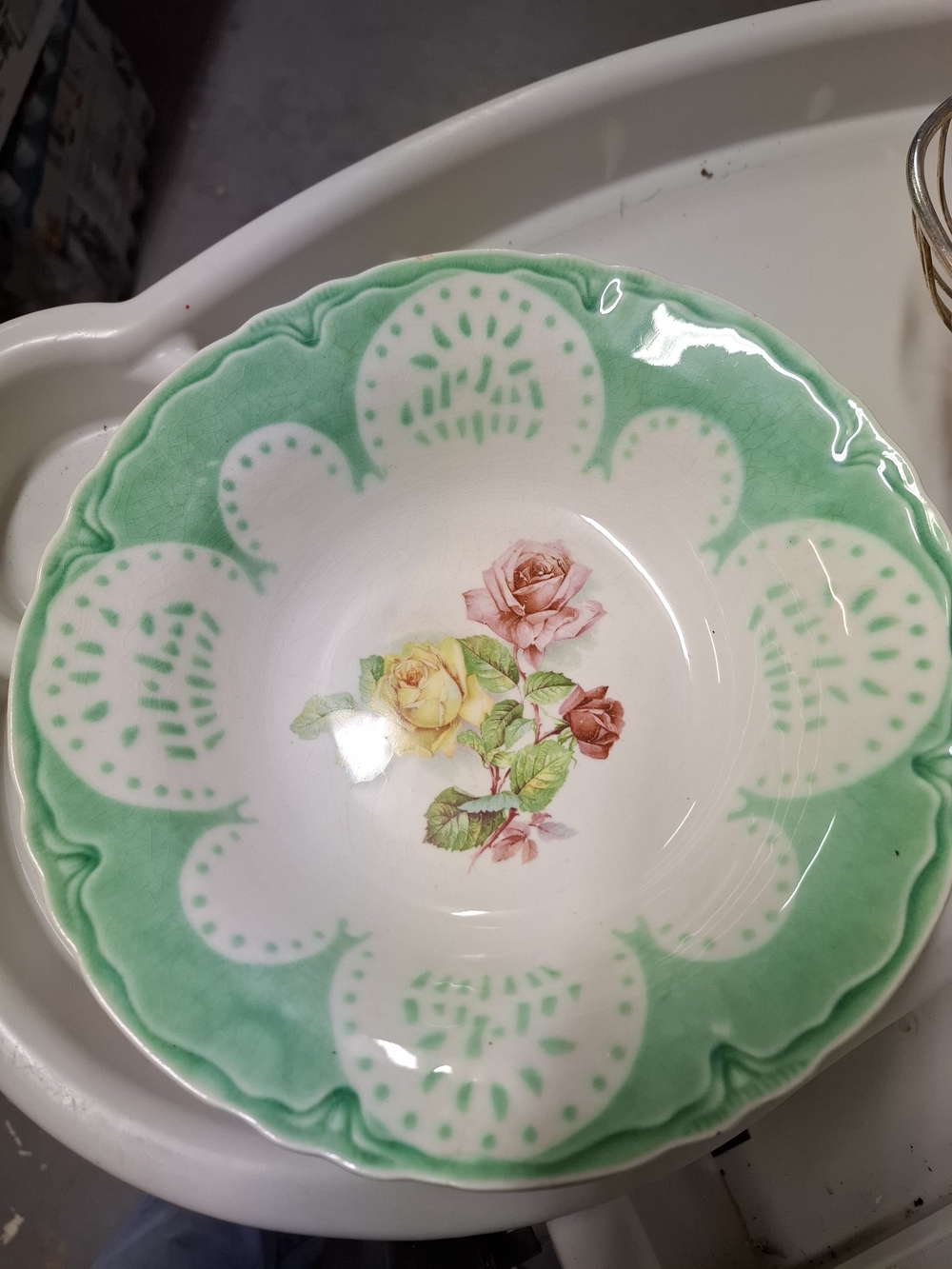 Green and White Floral Porcelain Serving Bowl - Elegant Home Dining